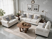 Ensemble de canapés en tissu caramel/crème de style américain avec pieds en bois et coussins, canapé rembourré pour villa