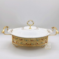 Plat de service de luxe en céramique 1,5L/2L avec incrustations de diamants, chauffe-plat de buffet en porcelaine avec couvercle pour mariages, hôtels et banquets