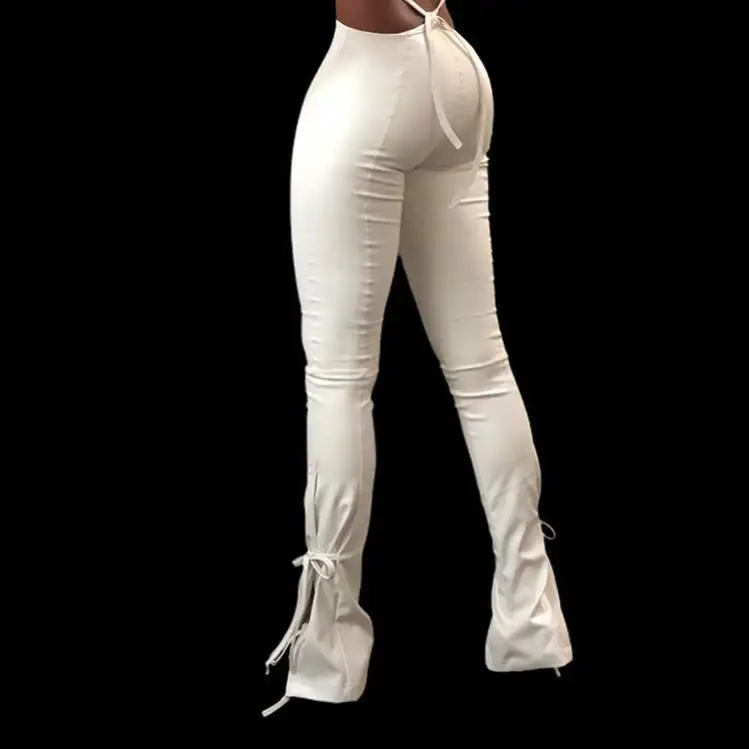2021春の女性服レディースシックデザインレザーPuスプリットヘムパラッツォパンツストリング付き女性スキニーホワイトロングパンツ