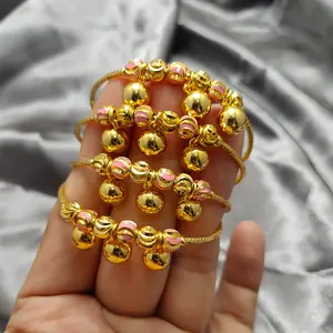 Ethlyn 4Pcs/Lot Baby Bangles Gold Color Arab Beads Bangle for Baby Kids Children Dubai African Middle Eastern Jewelry Gift
