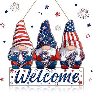 Letrero de Bienvenida Rústico de Madera Patriótico para el <span class=keywords><strong>4</strong></span> de Julio, con 3 Gnomos para Decoración <span class=keywords><strong>del</strong></span> Porche Delantero <span class=keywords><strong>del</strong></span> Día de la Independencia, Venta al por Mayor - Product Image 1