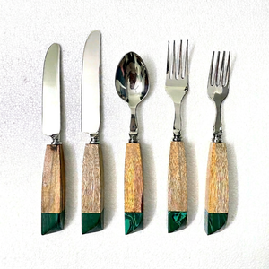 Rustic Wooden & <b>Marble</b> Handle Flatware <b>Set</b> With Stainless Steel Knife Fork And Spoon High Mirror Polish Durable Cutlery for <b>Set</b> - Product Image 1
