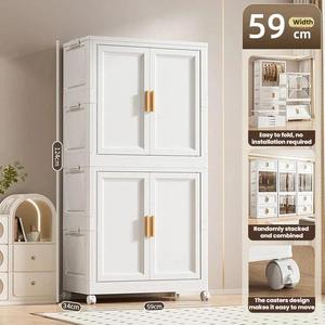 Armoire de rangement pliable à 2 niveaux blanche pour salon, avec roulettes, en plastique, pour livres et vêtements, également utilisable comme armoire de cuisine - Product Image 1