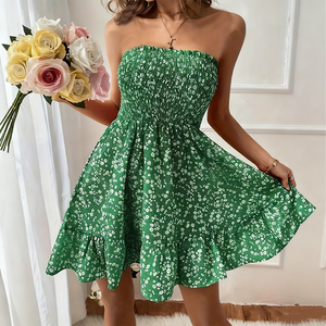 Vestido Elegante com Estampa Floral e Corpete Franzido, Vestido Tomara que Caia com Bainha Franzida para Mulheres - Product Image 3