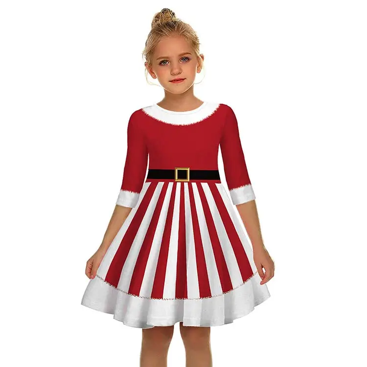 クリスマスデジタルプリントガールズラウンドネック半袖カジュアルドレストレンディブランドかわいい子供用スカート