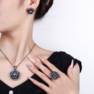 Fashion Eco-friendly Copper Insert Blue Zircon Rose Flower Black Gold Plated Waterproof Clover Jewelry <b>Set</b> for Women Party Wear - Product Image 6