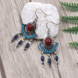Geometric <b>Drop</b> Earrings Women Alloy Antique <b>Bronze</b> Plated Turquoise Red Stone Bohemia Style Fashion Jewelry - Product Image 3