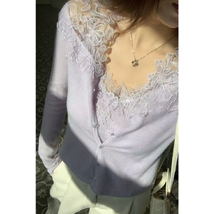 Nueva primavera verano <span class=keywords><strong>Mujer</strong></span> Casual cuello en V encaje botón suéter peso ligero cárdigan de punto para damas - Product Image 1
