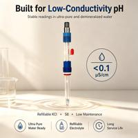 Capteur de pH de type électrode pour pH-mètre à eau ultrapure, liquide à faible conductivité KCl, jonction liquide céramique rechargeable, OEM ODM