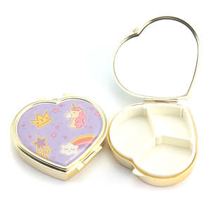 <b>Heart</b> Compact Pill <b>Box</b> with HD Glass Mirror Gold Electroplated Metal 3 Compartment Travel Pill Case Jewelry Storage Container - Product Image 6