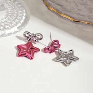 European American Stainless Steel Star Bow Pink <b>Stud</b> Earrings Trendy Gold-color Plating Youthful Sweet Cool Women's Anniversary - Product Image 5
