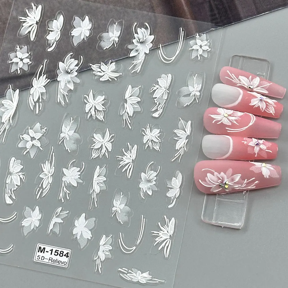 5d weißer Nagel-Aufkleber Dekoration durchsichtiger Nagelkunst-Blumenträger Aufkleber Blumen-Nagel-Aufkleber Designer für Damen