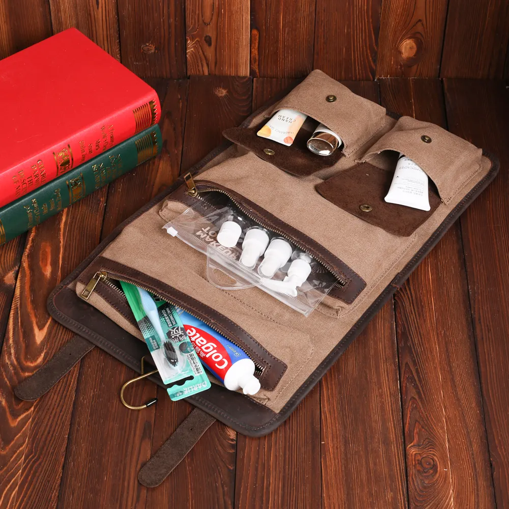 Trim tas cukur kulit sapi asli, untuk Aksesori perlengkapan mandi, Kit Dopp kanvas, tas perlengkapan mandi perjalanan