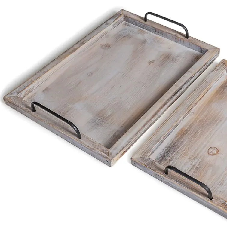Nampan makanan antik gaya negara 2 buah set panel kayu bersarang dengan pegangan logam bergaya rumah pertanian