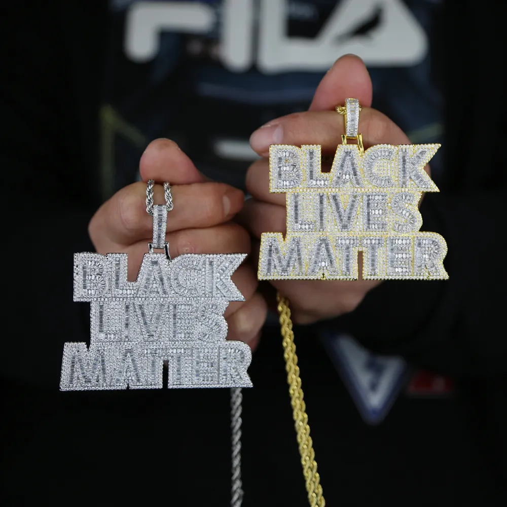 Hip Hop Iced out cubic zircon fashion Rock Boy Men Big black lives matter letter shape Pendant Necklaces punk Jewelry