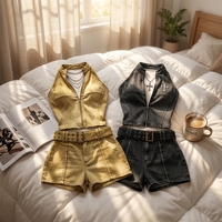 Nouvel ensemble tendance décontracté en jean stretch délavé avec veste courte et short en coton, col montant, deux pièces assorties pour femme