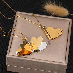 Collier en acier inoxydable vierge pour gravure, nouveau modèle pour couple, plaqué, avec pendentif cœur diamant romantique ouvrable - Product Image 2