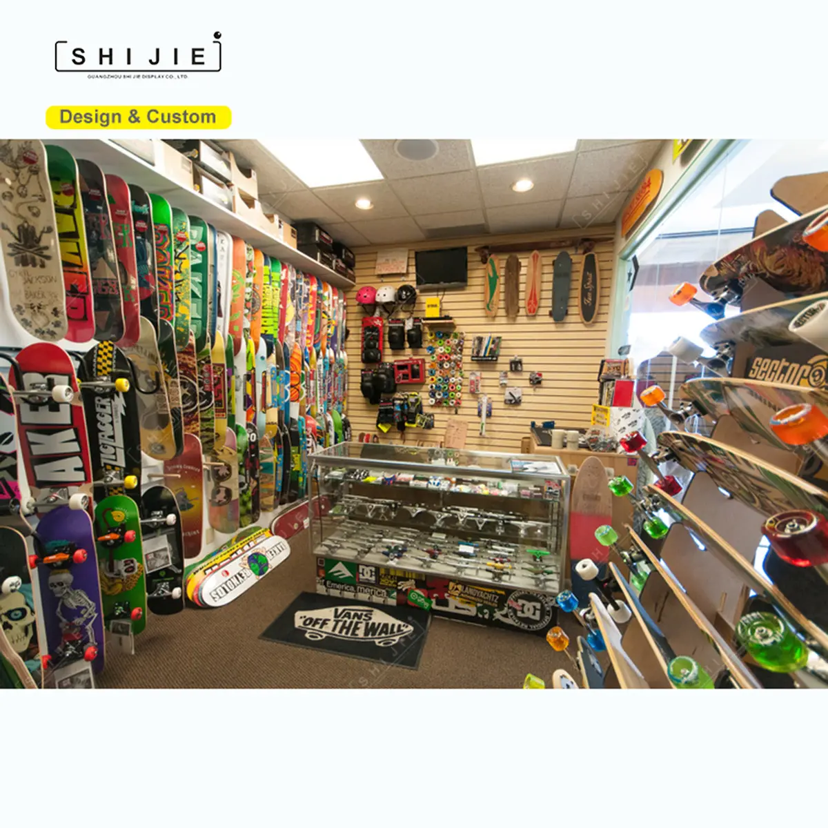 skateboard shop interior design skate slatwall display rack and glass showcase skateboarding store decoration shopfittings ideas