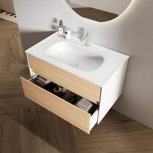 Ensemble de meubles de salle de bain de luxe modernes en MDF à fixation murale avec lavabo simple en pierre artificielle de qualité E1 - Product Image 2