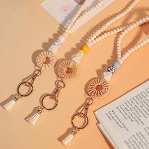 New Rattan Lanyard with Tassels ID Badge Holder Wood Bead Lanyard Gift Metal Breakaway Clasp Teacher Nurse Lanyard