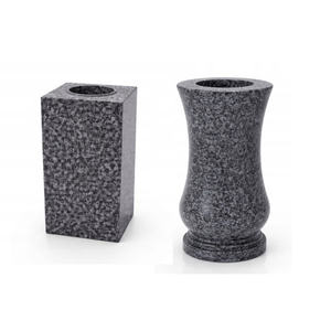 Vase décoratif Art Déco en granit, 28 cm, rond, noir, pierre sombre durable pour cimetière, commémoration, présentation de fleurs - Product Image 1