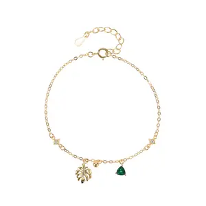 新设计S925纯银珠宝叶绿色立方氧化锆女式吊坠手链