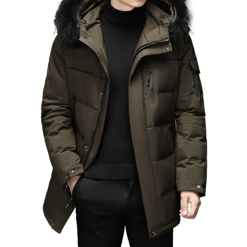 Custom Wholesale Down Outdoor Windproof Puffer Long Jacket Hooded Fur Trim Mens Winter Overcoat