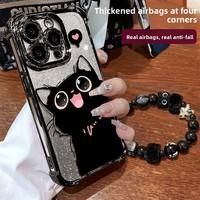 Coque en silicone gel antichoc avec motif chat noir porte-bonheur et chaîne scintillante, style bracelet, pour iPhone 17 Pro Max 16, impression UV