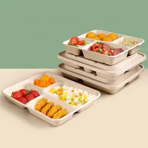 Disposable Food Grade Ecofriendly Sugarcane Bagasse Pulp Plate For School Lunch 4 Compartment Tray