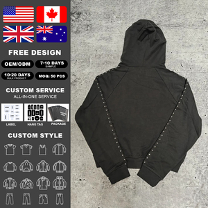 Custom Streetwear Drop Shoulder Boxy Fit French Terry 100% Cotton Zip up Rivet <b>Studded</b> Rhinestone Heavyweight <b>Men</b> Hoodies - Product Image 2