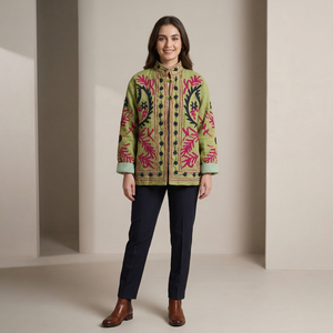 Chaqueta de Tela TNT Bordada con Suzani Verde Premium para Mujer, Abrigo Bohemio Floral Hecho a Mano, Ropa de Abrigo al por Mayor de Boutique - Product Image 1