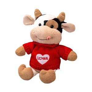Peluche di Mucca Carina con Maglione Rosso 'LOVES', Regalo Dolce per Lei e per i Bambini - Product Image 1