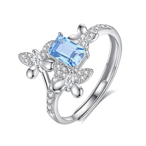 9 Fine 4*6mm Emerald Cut Natural Stone Butterfly <b>Adjustable</b> <b>Rings</b> 925 Sterling Silver 14K Gold Women's Wedding Party Statement - Product Image 1