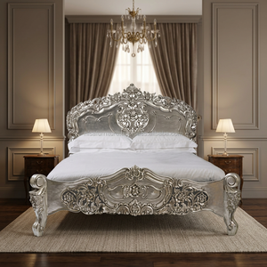 Silver Painted Solid Wood Rococo <b>Bed</b> <b>Frame</b> Modern <b>Antique</b> French Design for Bedroom or Home Office King Size - Product Image 3