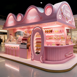 Airy Luxe Bakery & Coffee Market Stall Featuring Glass Display Case, Open Tiered Shelving, and Integrated Warm Lighting - Product Image 2