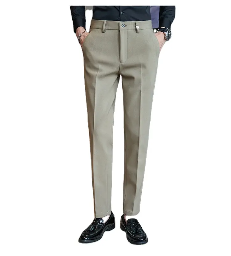 カスタム高品質メンズスリムフィットクラシックオフィスボタンジッパースーツパンツ男性用テーラードパンツカーキパンツ