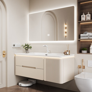 Nuevo gabinete de baño inteligente de madera de caucho con lavabo integrado de cerámica para lavarse las manos - Product Image 1