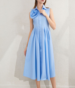 <span class=keywords><strong>Abito</strong></span> a trapeazione blu personalizzato da donna senza maniche con bottone frontale con risvolto estivo Casual lunghezza Midi in cotone e <span class=keywords><strong>lino</strong></span> naturale - Product Image 3
