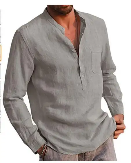 Men's Long Sleeve V-Neck Casual Beach Linen Shirt Men's Wear