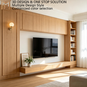 Mobile <span class=keywords><strong>TV</strong></span> Moderno Integrato di Lusso in Legno, Unità Arredo Soggiorno a Parete Intera con Supporto <span class=keywords><strong>TV</strong></span> Sospeso e Libreria Aperta - Product Image 1