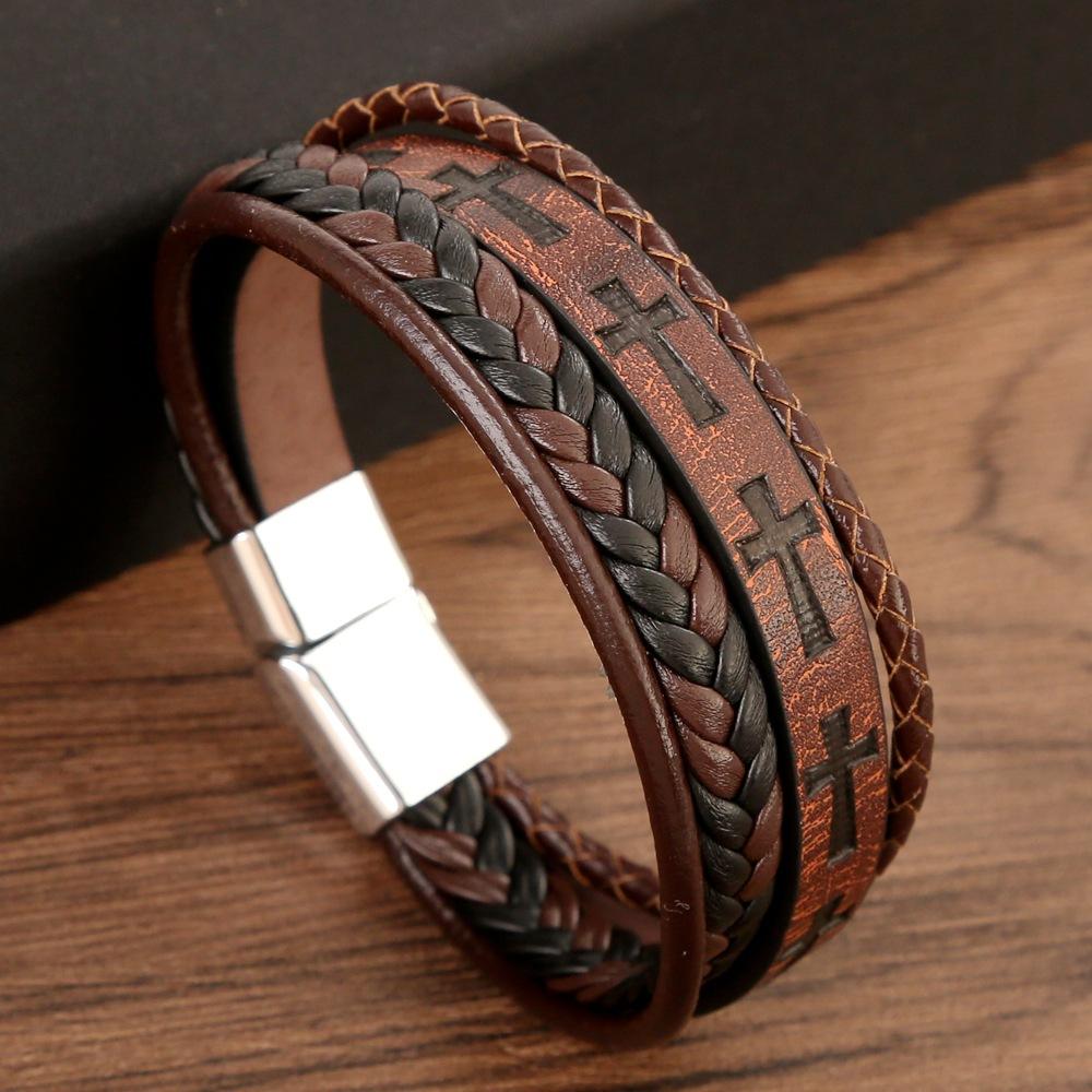 Fashionable Brown Leather Cross Bracelet With Magnet Buckle Hip