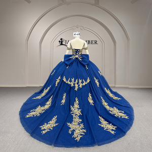 Xy003 Robe de bal de Quinceañera bleue brillante vintage longue avec appliques dorées, dentelle, perles et traîne chapelle, style princesse - Product Image 5