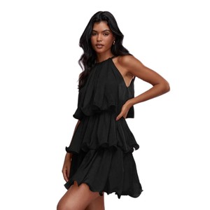 Abito Elegante Estivo da Donna con Collo ad Anello Senza Maniche, Gonna Corta in Chiffon di Alta Qualità con Orlo a Volant, Mini Abito <span class=keywords><strong>Boho</strong></span> - Product Image 5