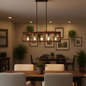 Lustre Industriel Style Ferme 32 Pouces 5 Lumières, Suspension Rectangulaire en Bois Rouge pour Salle à Manger, Îlot de Cuisine, Décoration de Café - Product Image 2