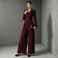 Setelan Jas Wanita Elegan Berlipit Kancing Ganda Lengan Panjang Anti-Pilling, Pakaian Kerja Kantor Romantis Blazer Celana 2 Potong