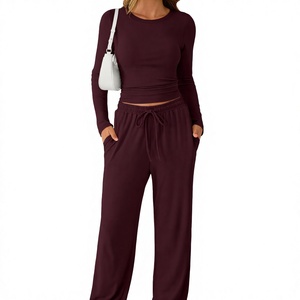 Women's 2 Piece <b>Set</b> Long Sleeve Crop Top With Wide Leg Pants Solid Color Knitted Casual Loungewear Full Length O-Neck Tracksuits - Product Image 5