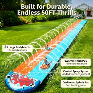 Tobogán Acuático Doble de PVC con Temática de Tiburón MAKE WAVES de 15 Metros con Aspersor y 2 Tablas para Niños, para Carreras en el Patio Trasero - Product Image 3