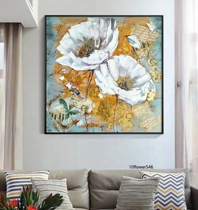 POP Art Gold Foil Flower Painting Handmade Modern Canvas Painting White Flower Art Picture Abstract Oil Painting For Wall Decor