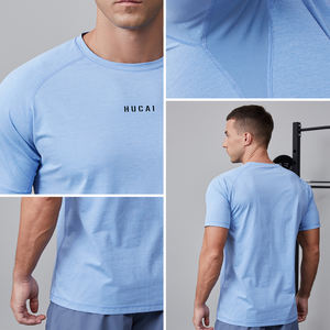 חולצת טי לגברים של HUCAI ODM עם לוגו בהתאמה אישית, 100% פוליאסטר, טלאים, רשת, לבוש ספורטיבי, ייבוש מהיר, סופג זיעה, גזרה צמודה, אימון כושר - Product Image 2