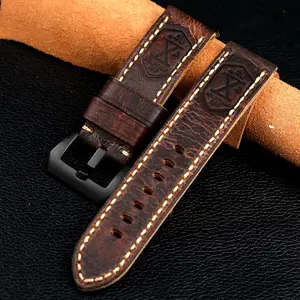 มือพับหนัง cowhide Watchband สําหรับ PAM111 20 22 24 26 มม.ผู้ชายสีน้ําตาลย้อนยุคสไตล์สายหนังดิบ